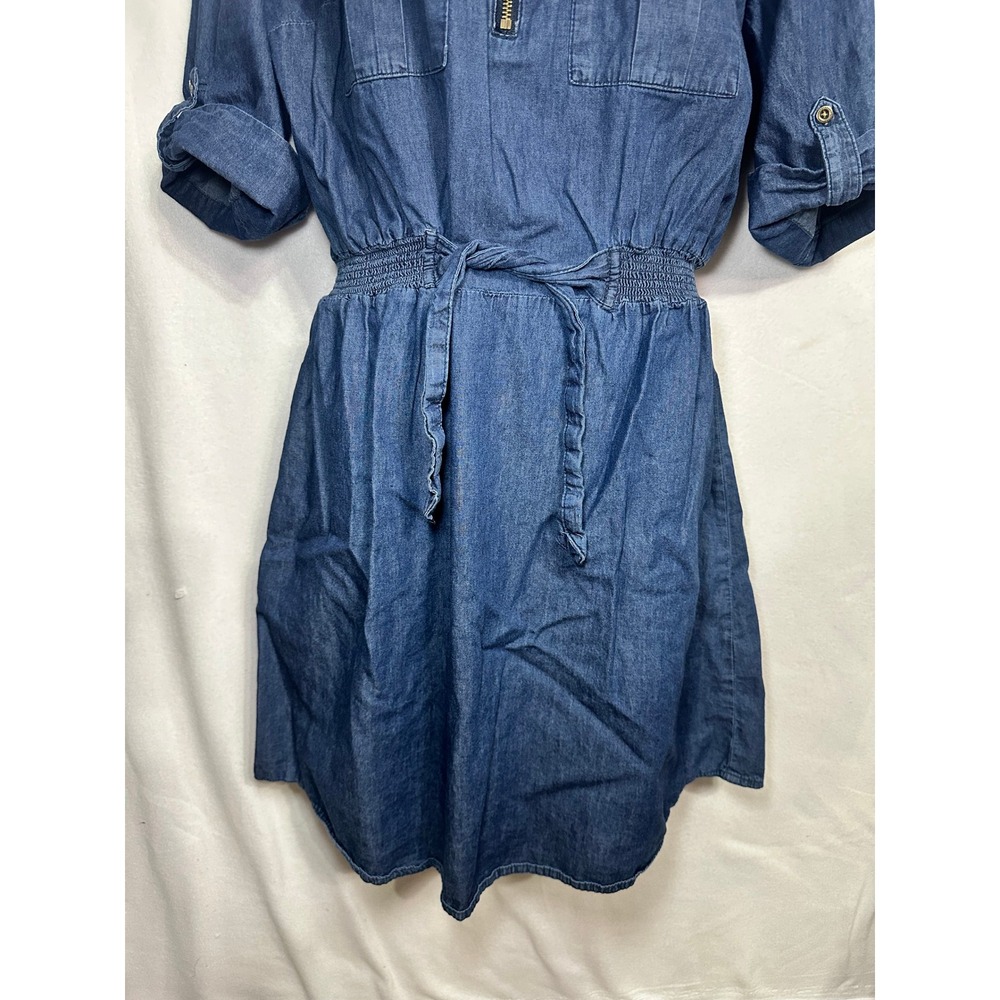 Millenium Blue Denim Shirt Dress XL Half Zip Short Sleeve Elastic Waist Tie Belt - Picture 5 of 10